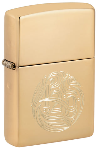 Front shot of ˫ 420 Design High Polish Brass Windproof Lighter standing at a 3/4 angle.